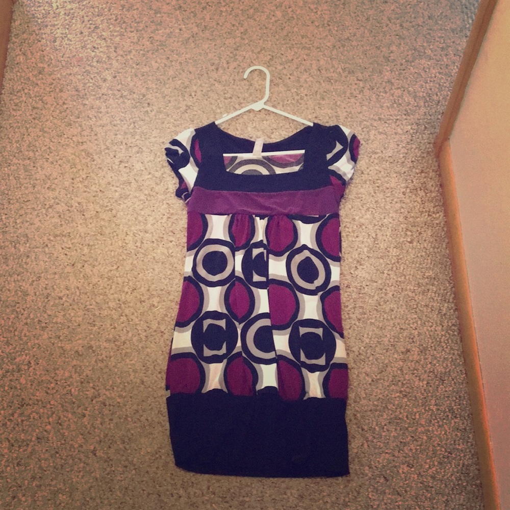 Purple black and white short stretchy dress.